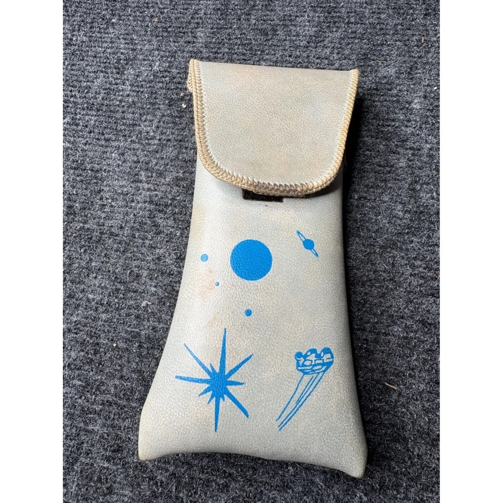 Vintage Space Print Glasses Case Gray Blue Celestial Stars Planets Retro Pouch